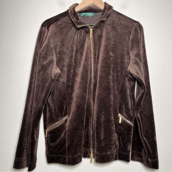Lauren Ralph Lauren Women Velour‎ Jacket Large Brown Full Zip Pockets y2k - Picture 1 of 10